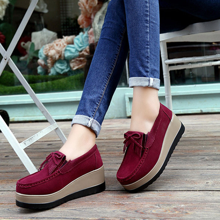 New Tassel Bow Design Shoes For Woman Fashion Thick Bottom Wedges Shoes Casual Slip On Solid Color Flats