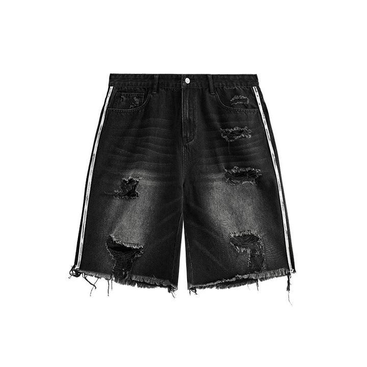 Summer Men's Hip Hop Side Stripe Ripped Denim Shorts