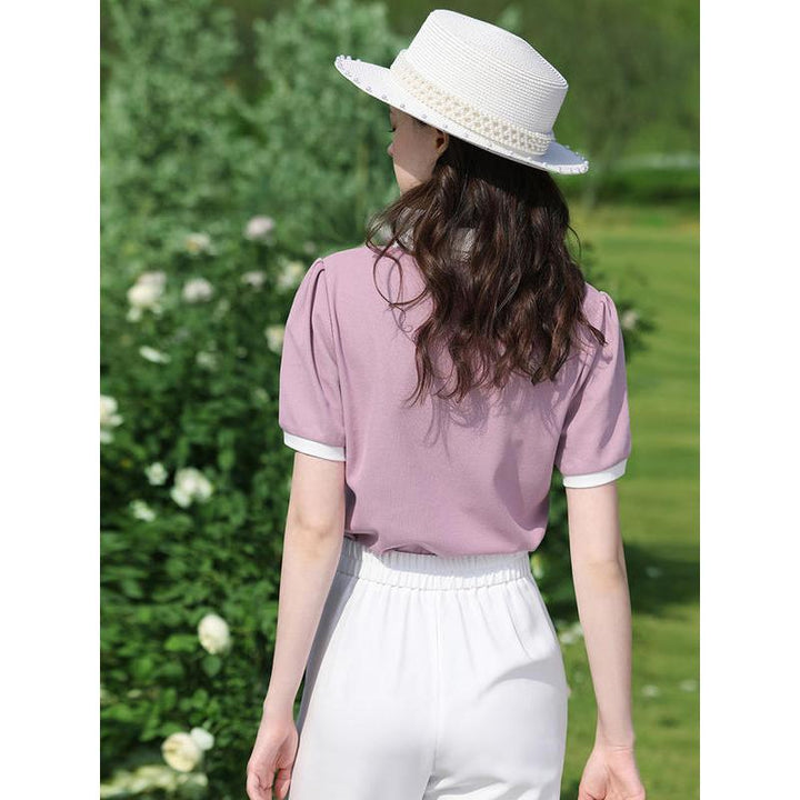 Chic Summer Puff Sleeve Polo Neck T-shirt