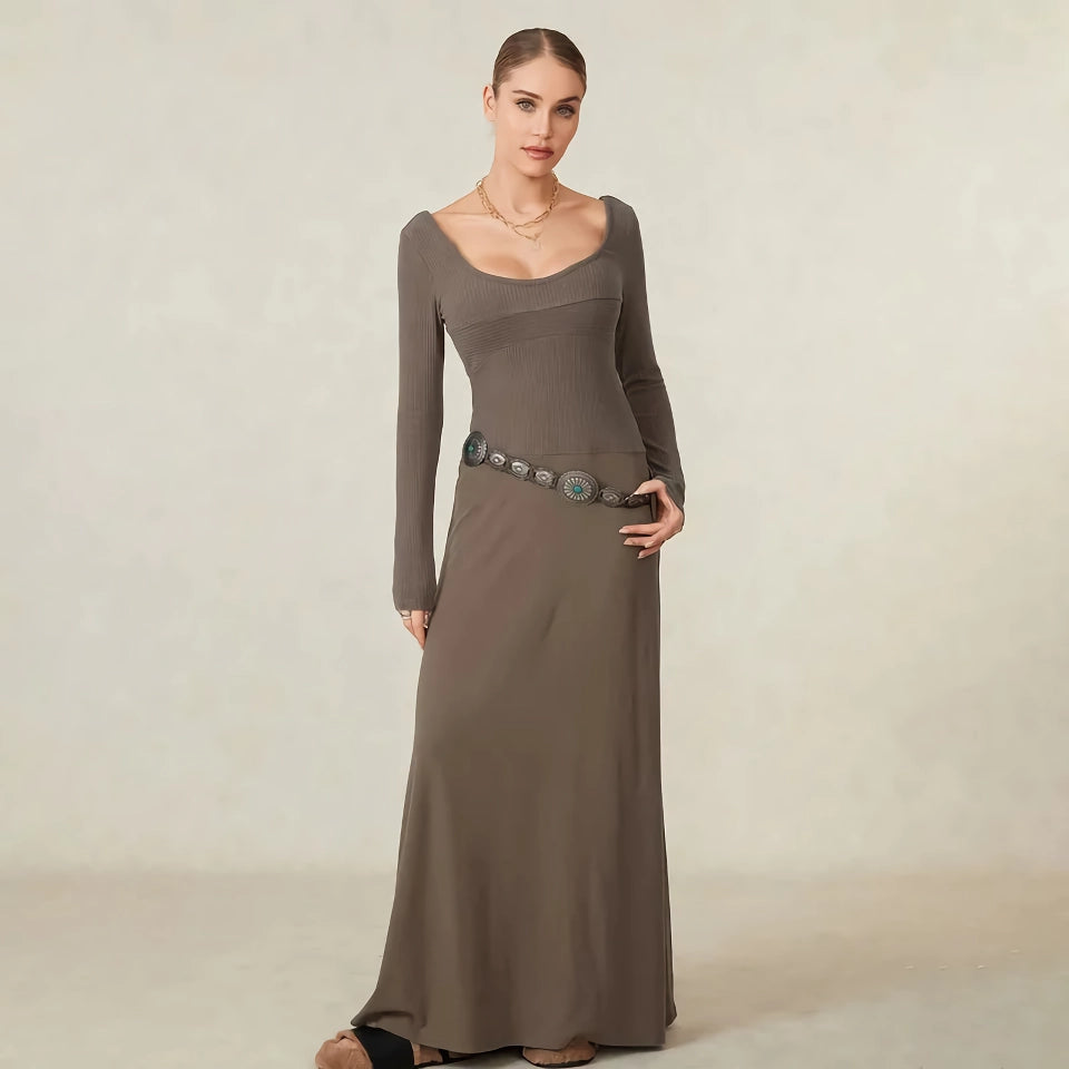 Elegant Autumn Women Knit Long Dress with Square Neck