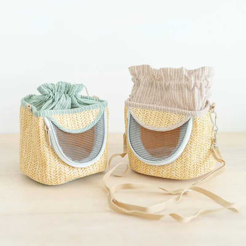 Portable Straw-Woven Parrot Backpack Cage