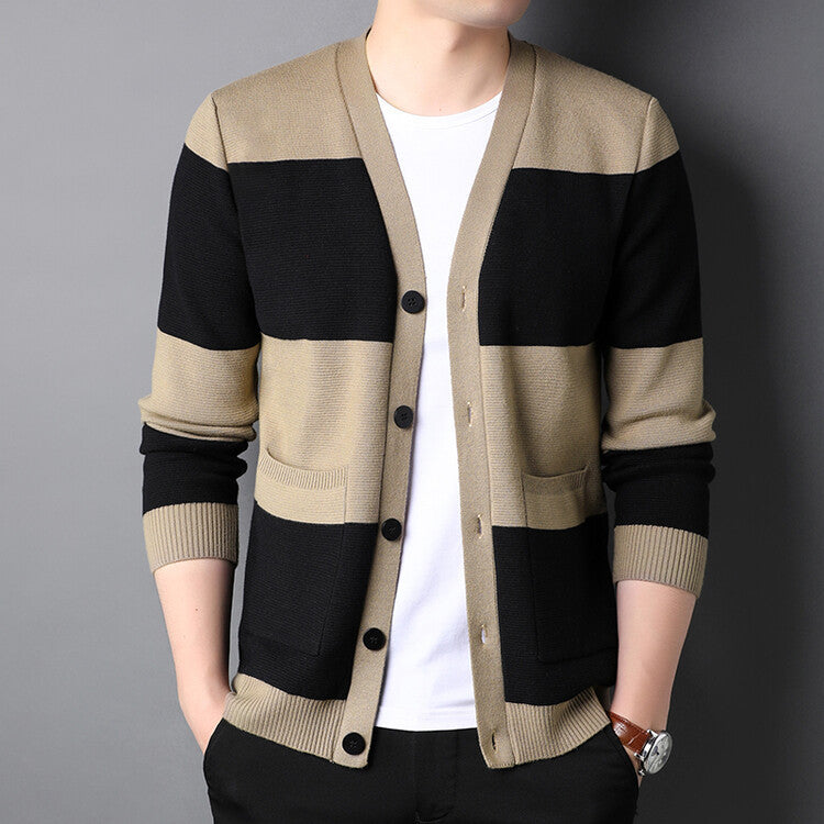 Spring And Autumn New Men's Striped Cardigan Single-breasted Long Sleeve Color Matching Casual Sweater Coat