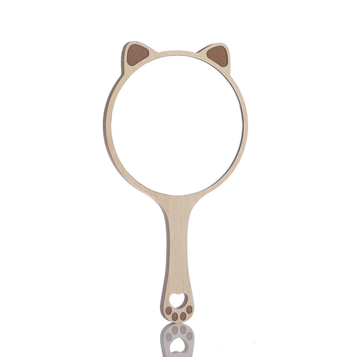 Charming Wooden Handheld Makeup Mirror with Cute Cat Ear Design