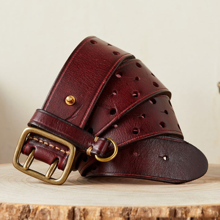 Genuine Leather Men's Double Buckle Belt for Jeans and Trousers