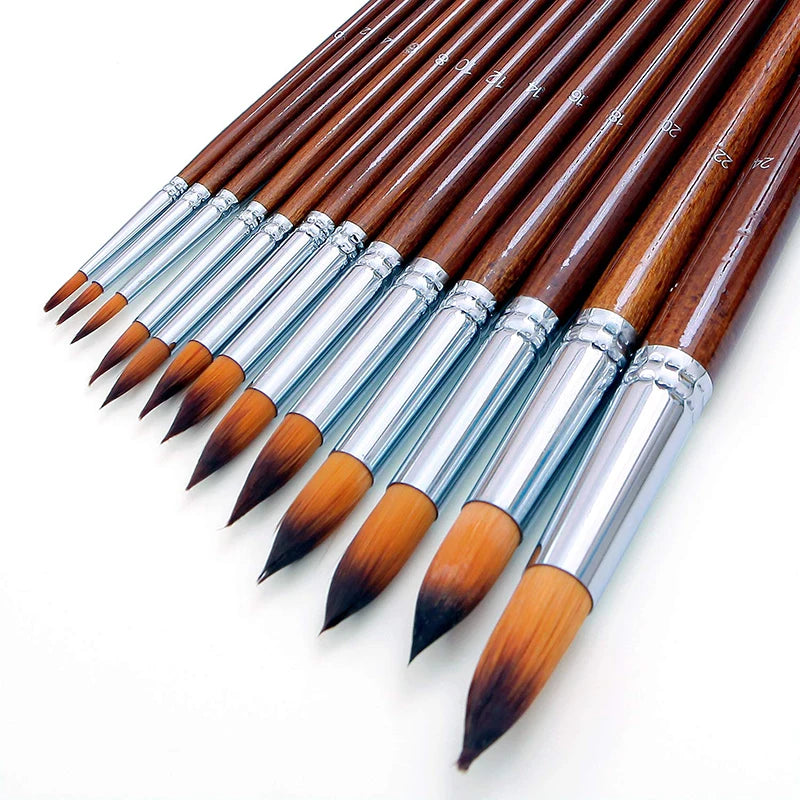 13-Piece Professional Watercolor Paint Brush Set with Long Wooden Handles and Anti-Shedding Nylon Bristles