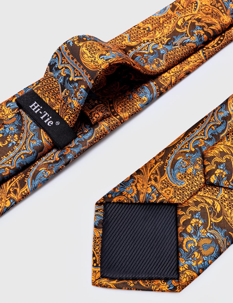 Luxury Silk Floral Black Gold Paisley Tie Set with Pocket Square & Cufflinks