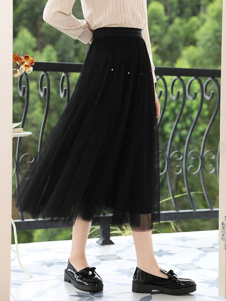 Elegant High-Waist A-Line Mesh Skirt