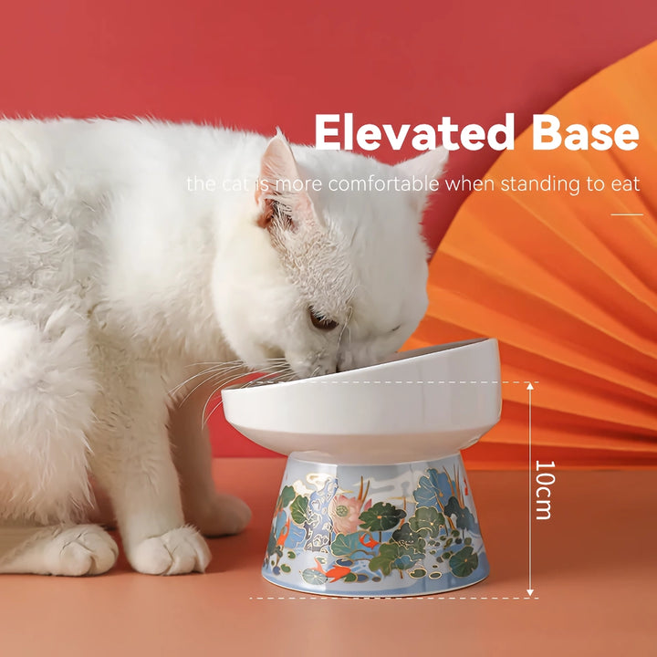 Chinese Style Ceramic Cat Bowl - Elevated Pet Food and Water Feeder