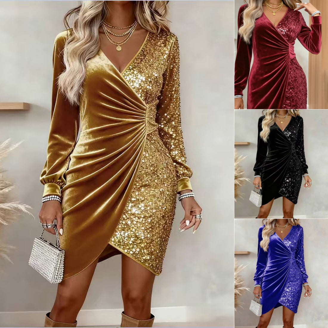 Fashionable V-neck Sequin Velvet Bodycon Dress