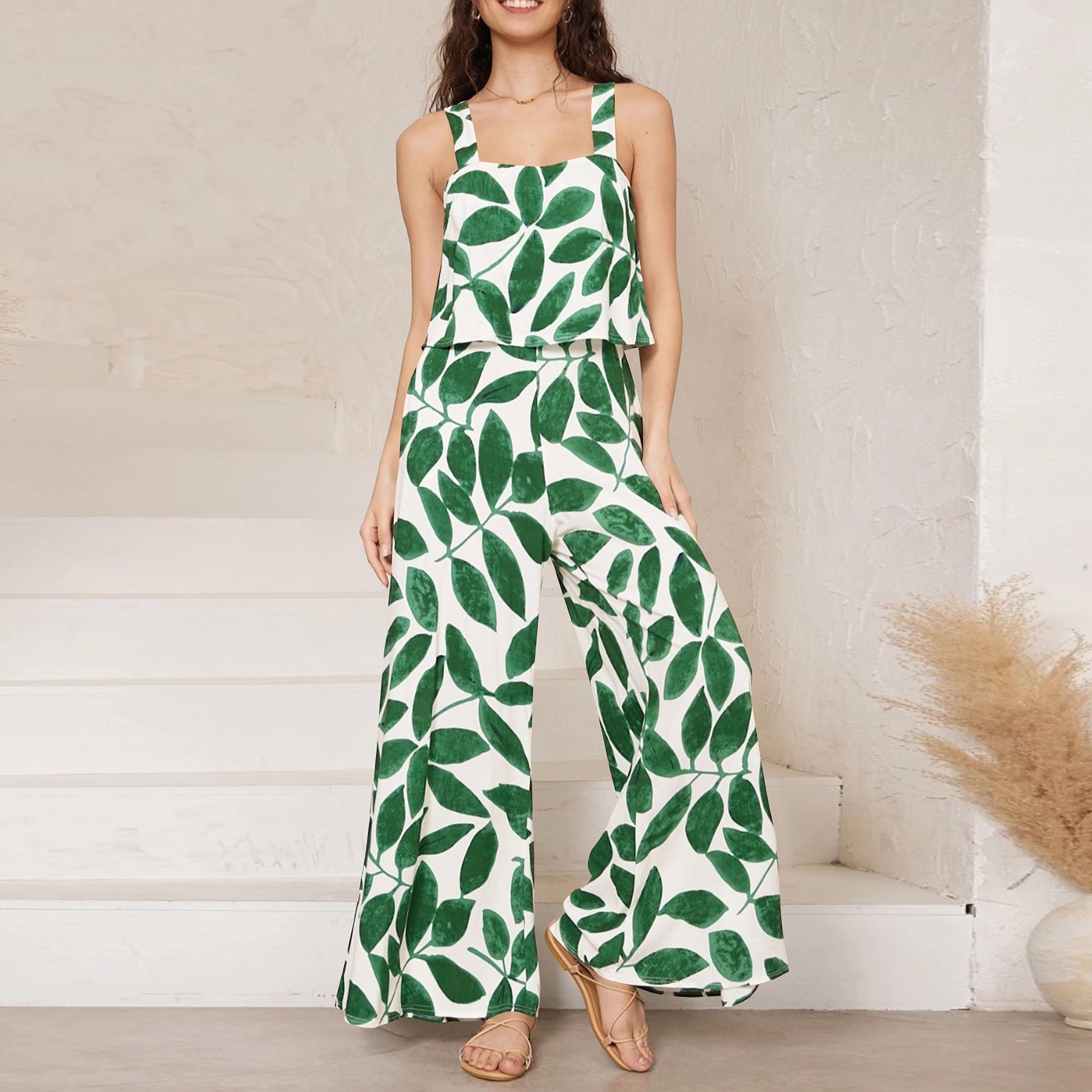 Chic Paisley Print Wide Leg Jumpsuit with Suspender Top Set - Women&