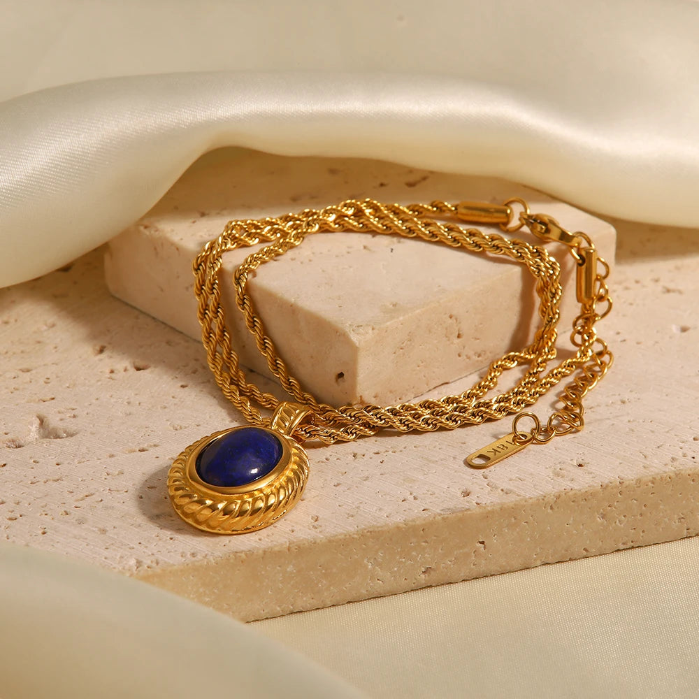 18K Gold Plated Rope Chain Necklace with Oval Lapis Pendant