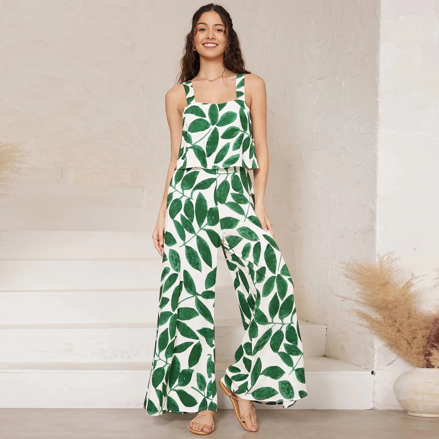 Chic Paisley Print Wide Leg Jumpsuit with Suspender Top Set - Women&