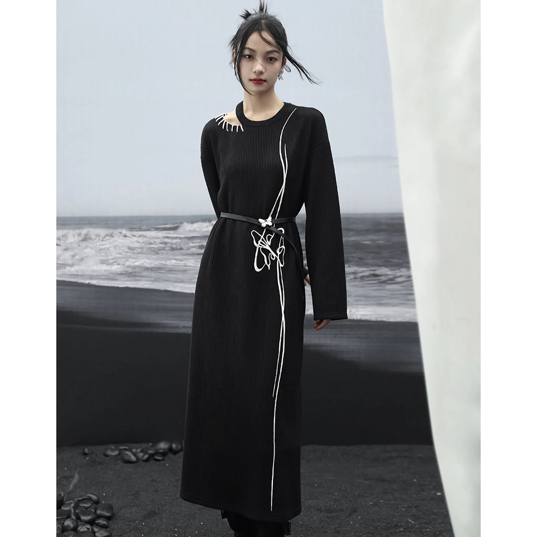 Chic Black Knitted Embroidered Sweater Dress for Women