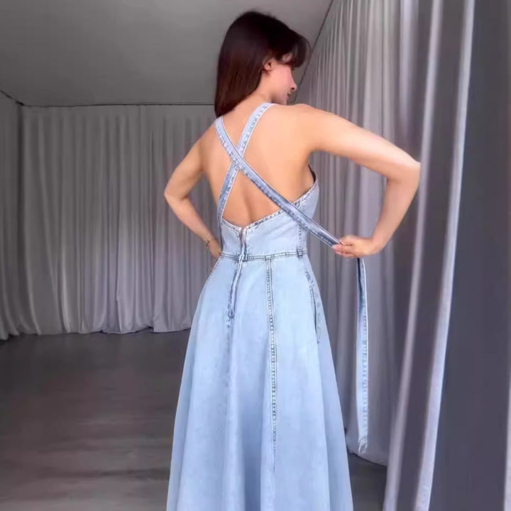 Sexy Denim Tied Spaghetti-strap Dress