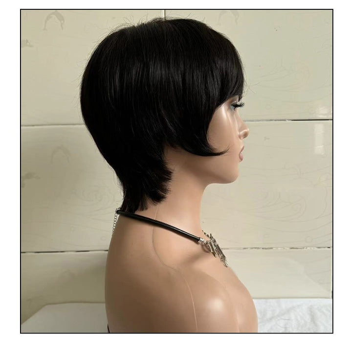 Short Straight Wig Women's Short Hair Head Cover Real Human Hair