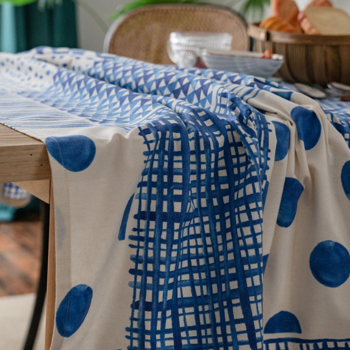 Geometric Blue Patchwork Cotton-Linen Tablecloth