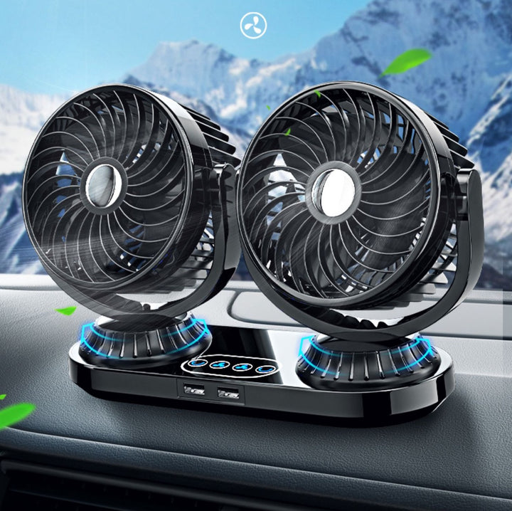 360° Dual Head Car Fan with USB Ports and Touch Control