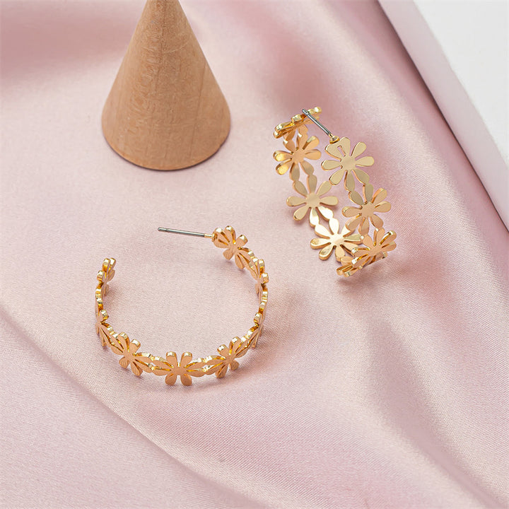 Golden Geometric C-Shaped Flower Drop Earrings for Women