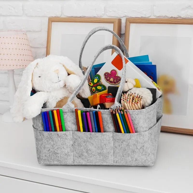 Grey Felt Diaper Storage Caddy with Divided Compartments