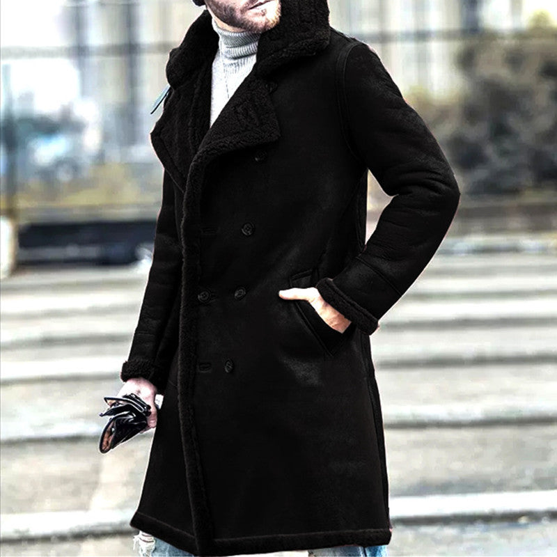 Men’s Long Polyester Coat with Plush-Look Collar