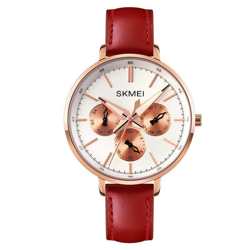 Fashion Six-pin Genuine Leather Women's Retro Round Quartz Watch