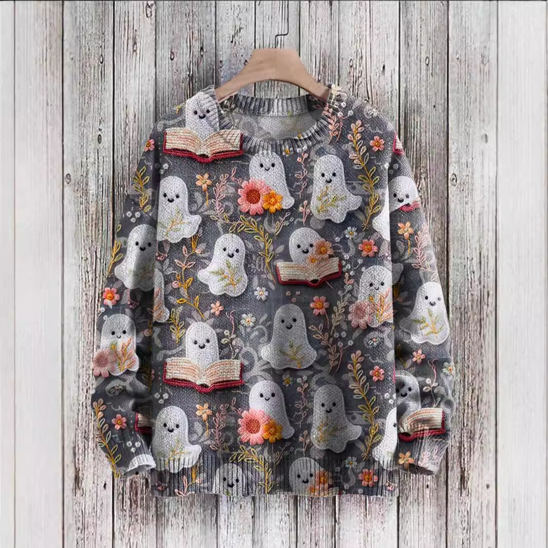 Knitted Pullover Sweater Ghost Series Printed Loose Long Sleeves