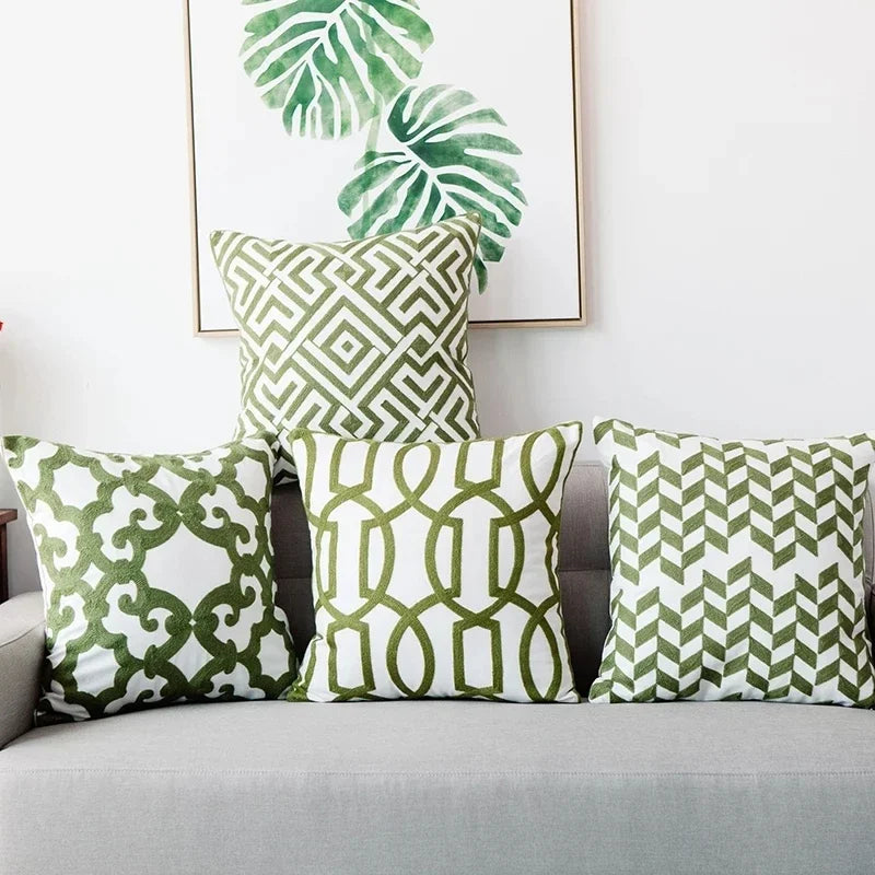 Green Geometric Embroidered Cushion Cover - 18x18 Inches, Cotton Canvas