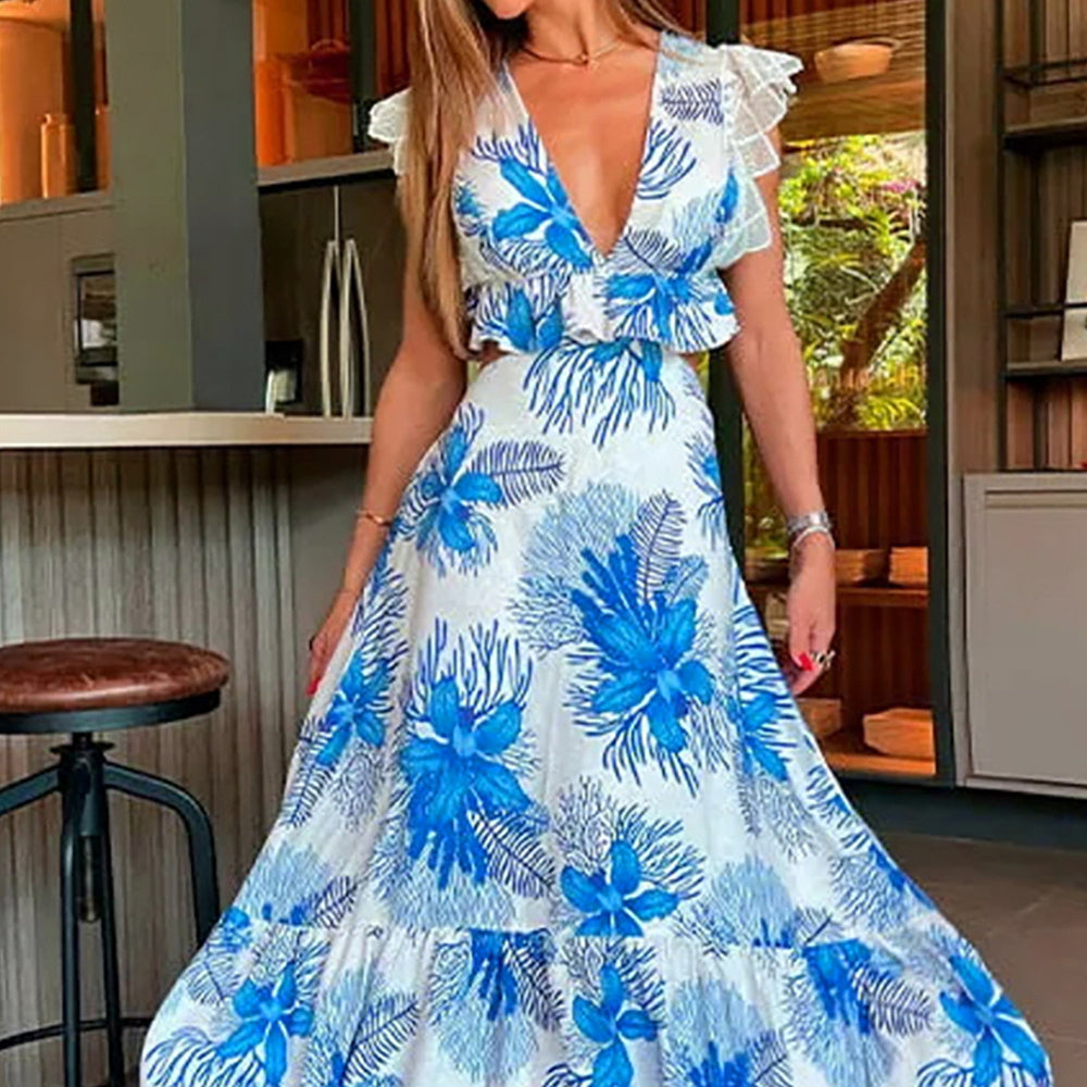 Blue Printed Deep V-neck Backless Hollow-out Midriff Dress