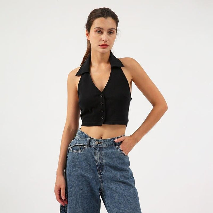 Chic Cotton-Polyester Cropped Halter Top