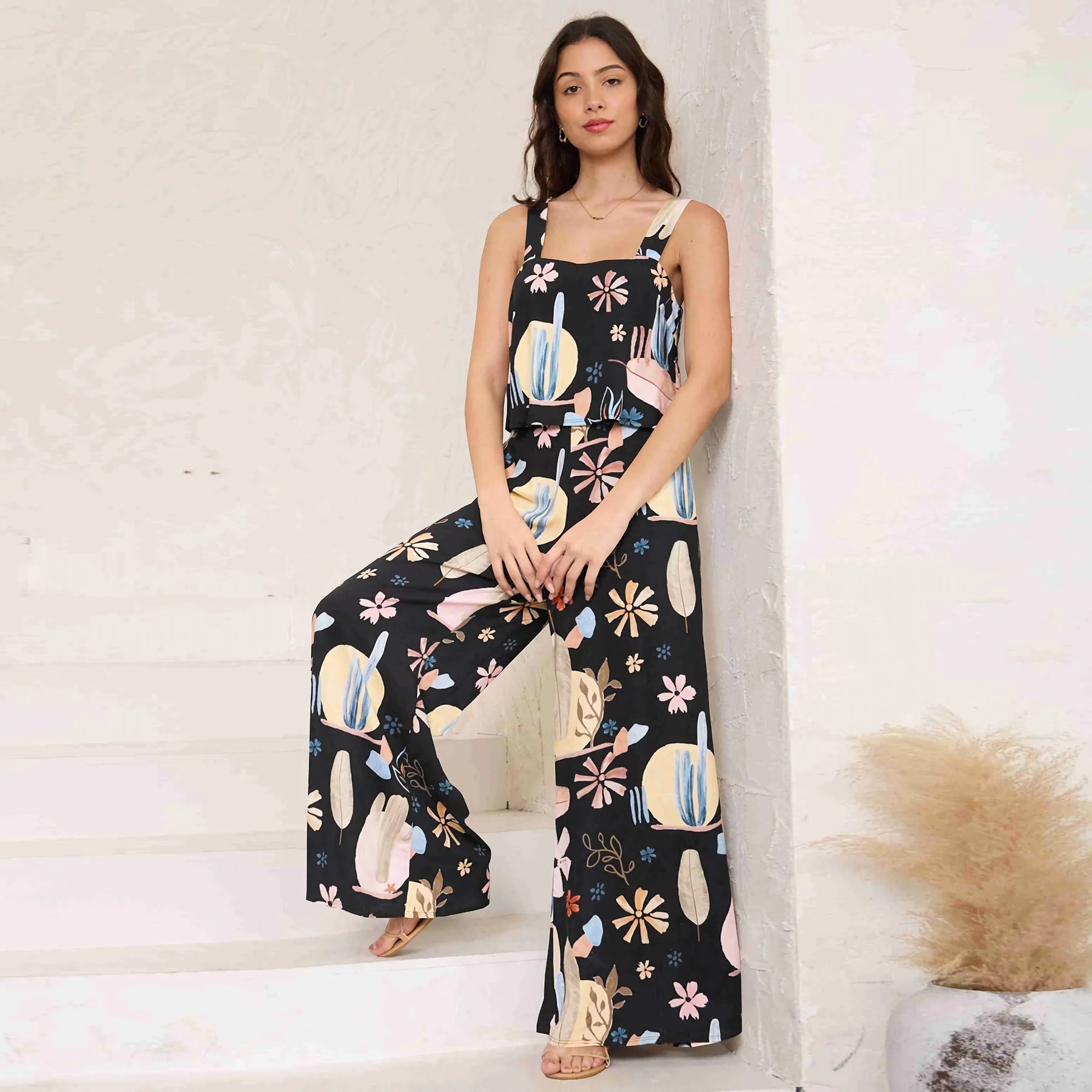 Chic Paisley Print Wide Leg Jumpsuit with Suspender Top Set - Women&