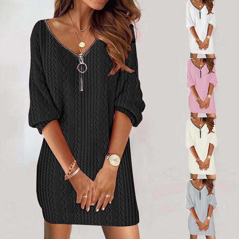 Simple Solid Color V-neck Knitted Long-sleeved Dress