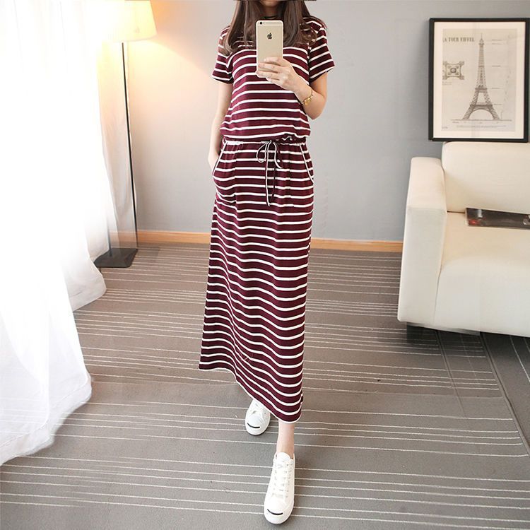 Round Neck Striped Cinched Plus Size Short Sleeve Dress