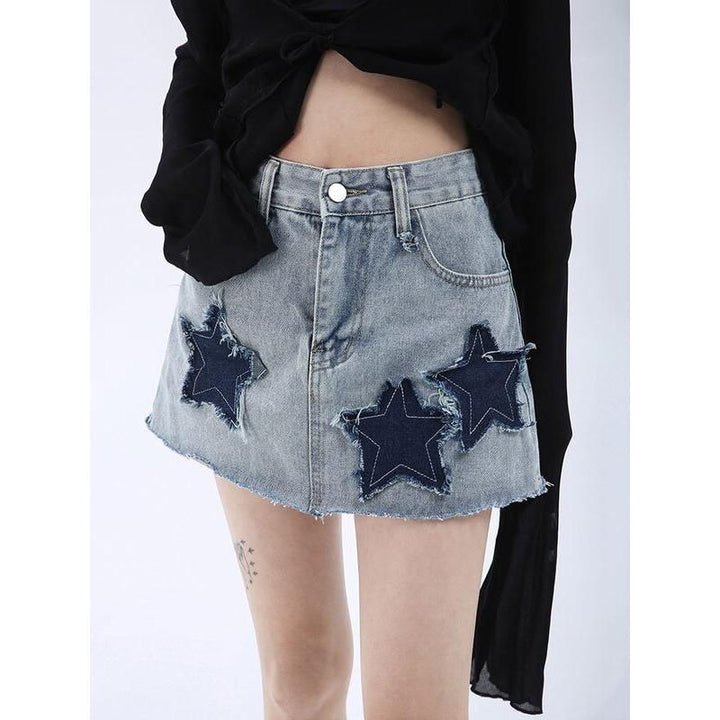 High Waist Star Patched Denim Mini Skirt