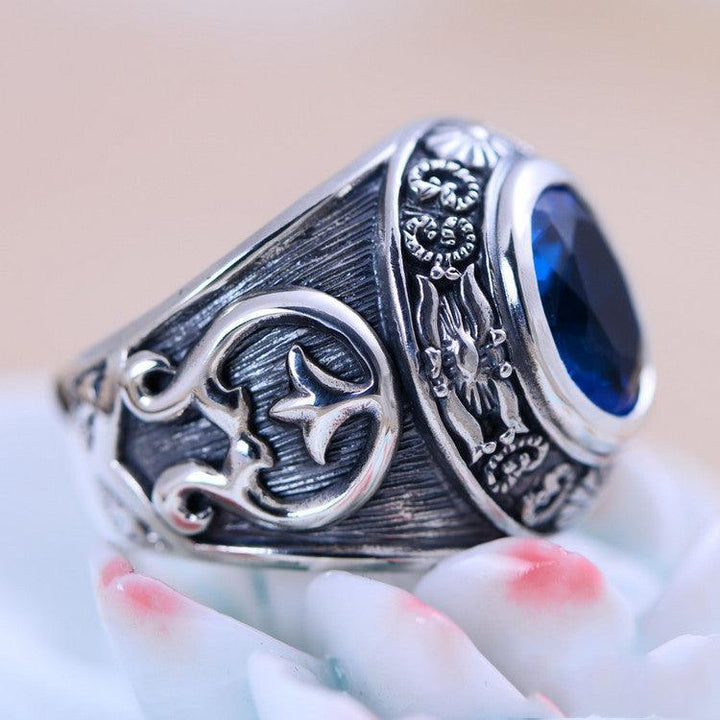 925 Silver Domineering Personalized Totem Synthesis Blue Crystal Men's Rings - Trendha