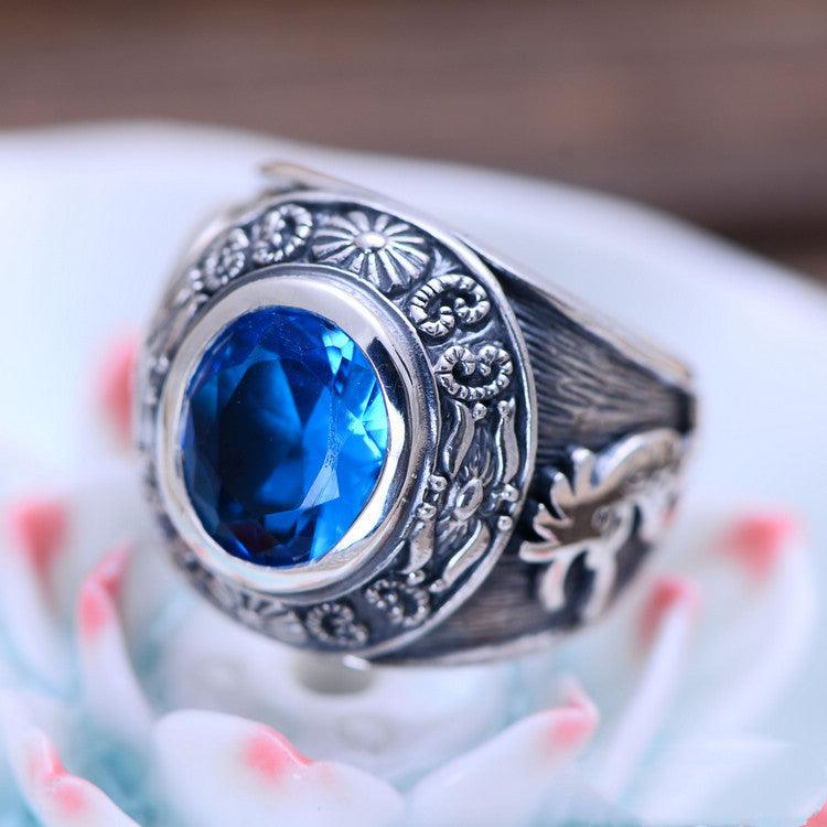 925 Silver Domineering Personalized Totem Synthesis Blue Crystal Men's Rings - Trendha