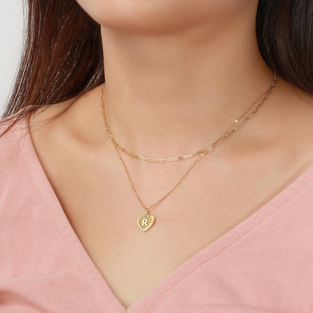 925 Sterling Silver Layered Initial Heart Necklace - Trendha