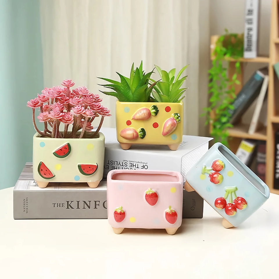 Creative Mini Square Ceramic Plant Flower Pot - Cute Porcelain Carved Vase for Home Décor