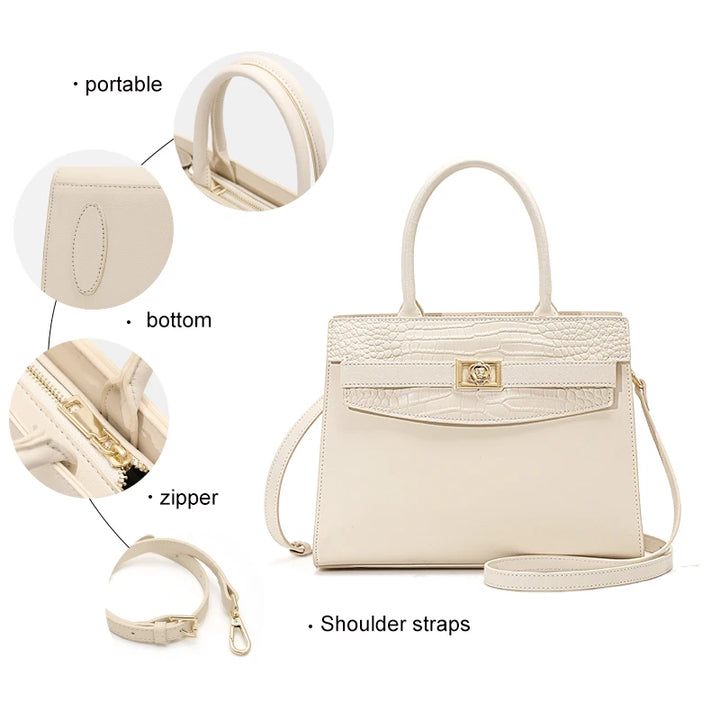 Crocodile Pattern Cowhide Square Handbag - Off White