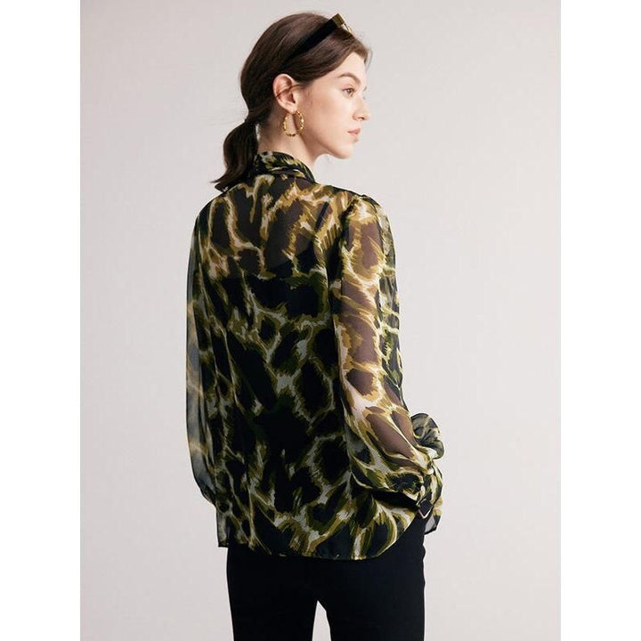 Chic Silk Blend Camouflage Bow Collar Blouse