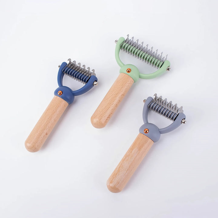 Double-Sided Pet Hair Comb with Wooden Handle