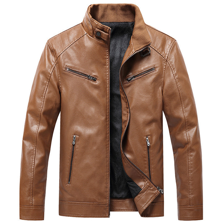 Men's Fleece Padded Coat Casual Korean-style Stand Collar PU Leather Jacket Trendy Youth