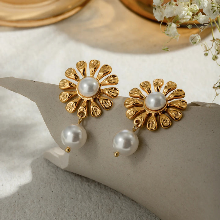 18K Gold Plated Sunflower Pearl Pendant Earrings - Waterproof Stainless Steel Jewelry