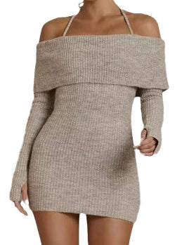 Off-neck Halterneck Long-sleeved Knitted Sweater Hip Skirt Women's Fashion