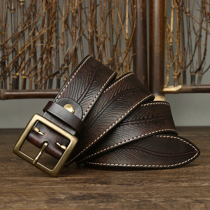 3.8CM Vintage Printed Leather Belt – Copper Buckle Cowhide Strap for Men’s Jeans