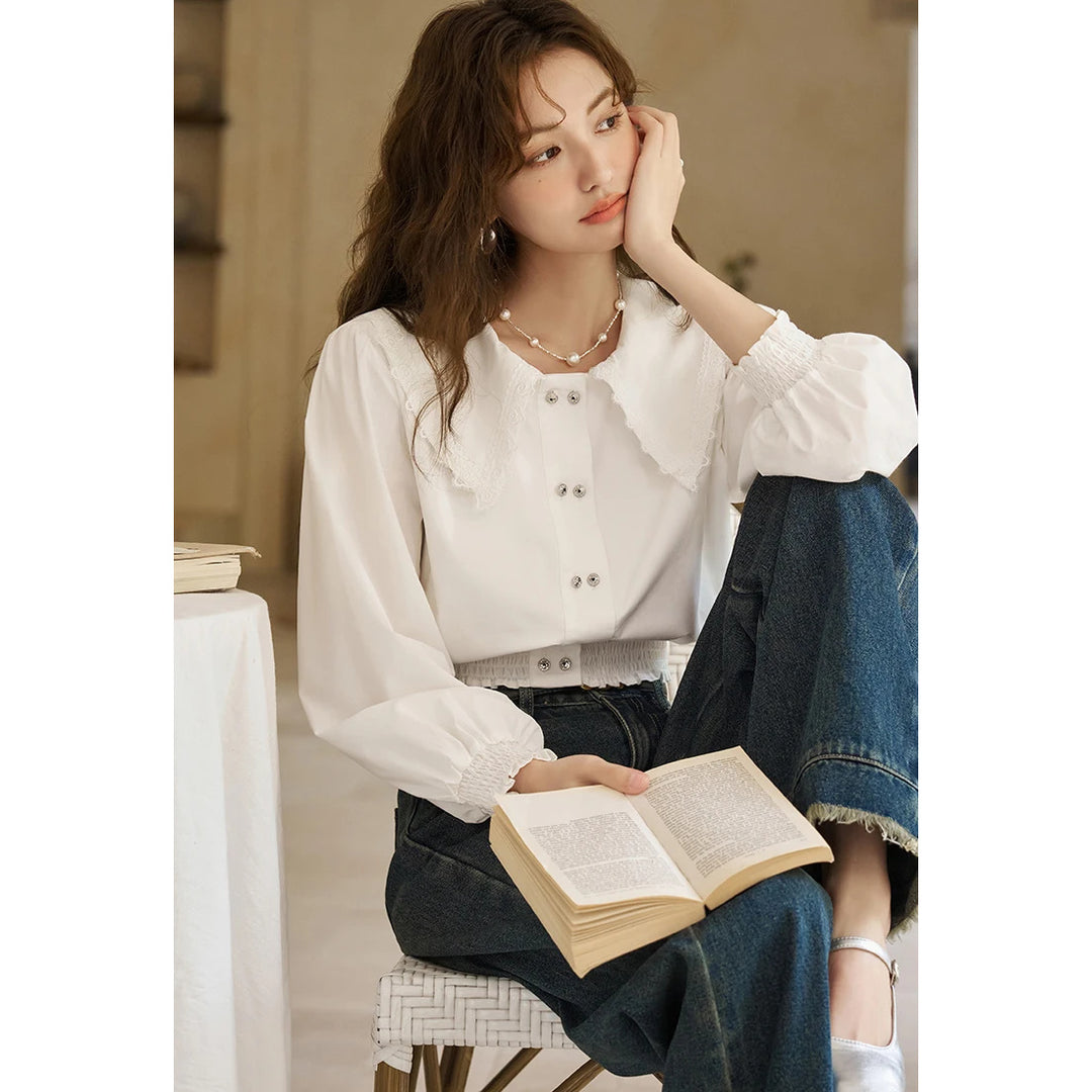 Korean Doll Neck Lace Patchwork Bubble Sleeve Top