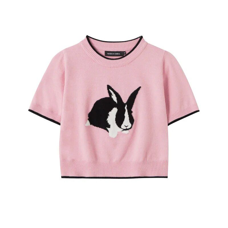 Charming Rabbit Cartoon Short Sleeve Knitted T-shirt