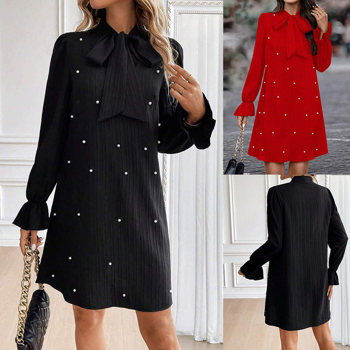 Women's Lace-up Bead Long Sleeve Solid Color Loose Dress