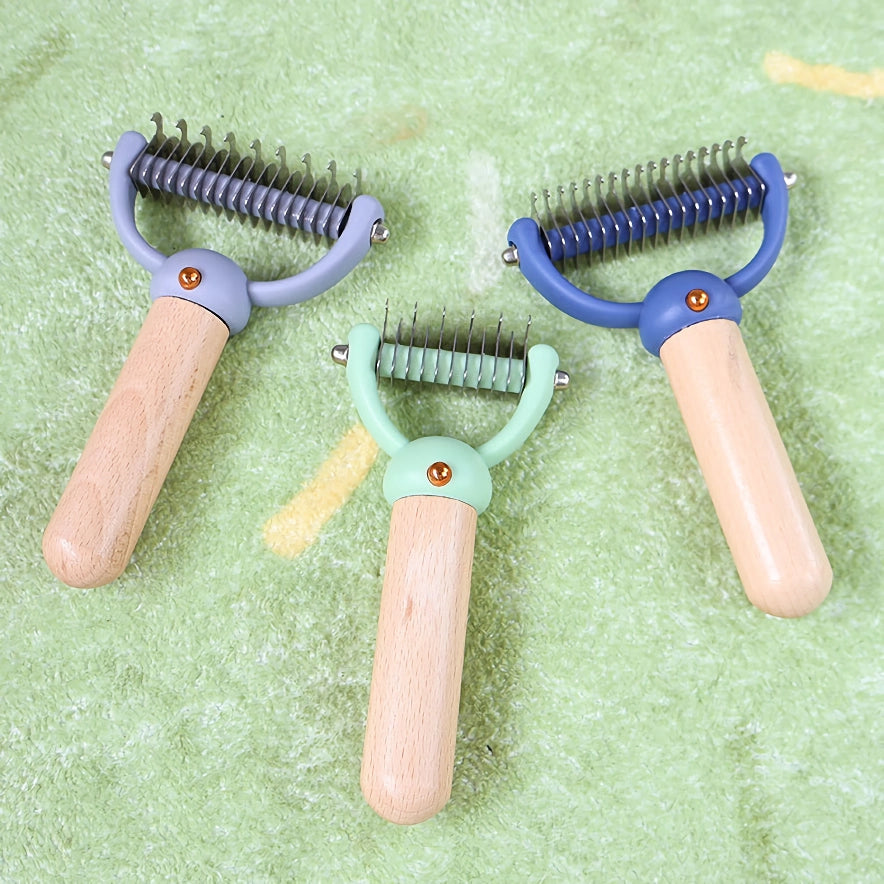 Double-Sided Pet Hair Comb with Wooden Handle