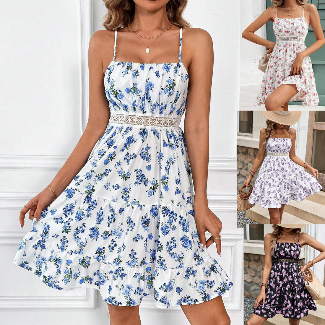 Waist Lace Edge Adjustable Shoulder Strap Floral Print Short Dress