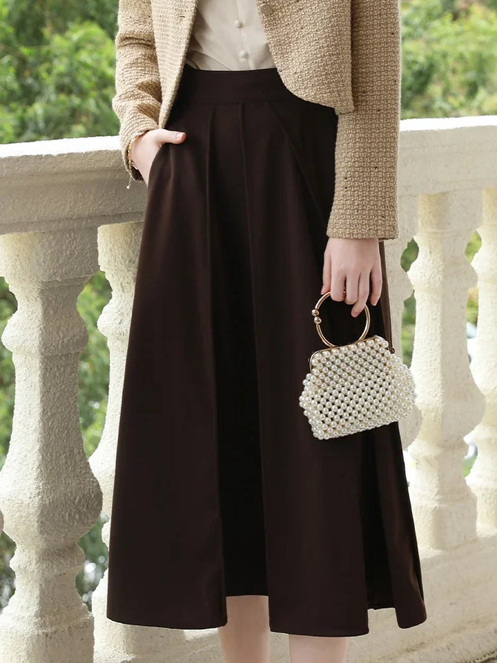 Elegant Brown High Waist A-Line Pocket Skirt